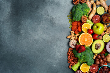 Healthy food clean eating selection. Assortment of fresh organic vegetables, fruits, nuts and dried...