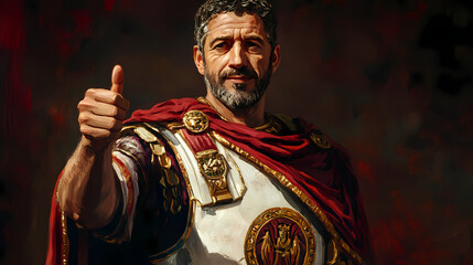 A Roman general giving a thumbs up, symbolizing victory, set against a dramatic, dark background