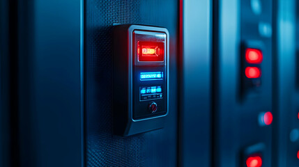 Control Panel with Red and Blue Lights in Server Room Environment