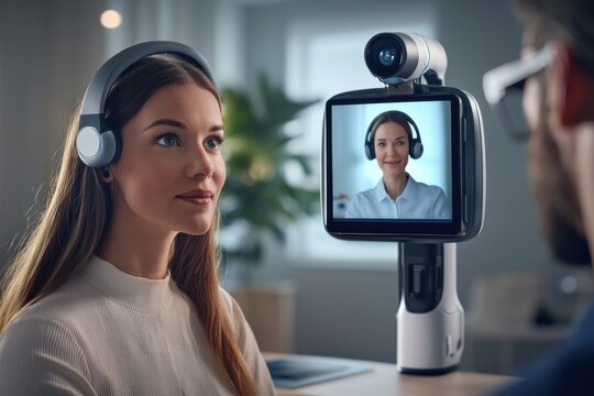 Two women in a digital meeting via a telepresence robot, showcasing advanced communication technology, enabling remote collaboration and virtual presence in a modern workplace environment. - Powered by Adobe
