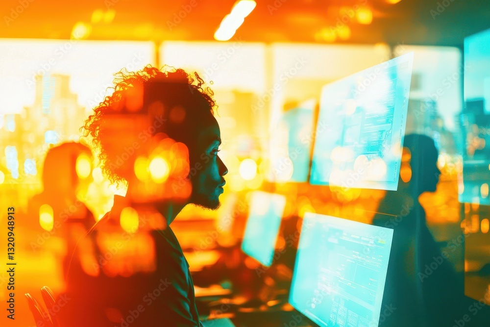 Poster a vibrant depiction of a programmer working with data, showcasing modern technology, coding, and the