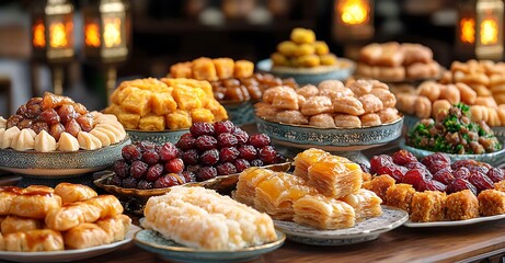Fototapeta premium Middle Eastern Sweets with Baklava, Dates, and Nuts on Decorative Plates