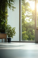 Fototapeta premium Sunlit room features lush greenery and large windows creating se