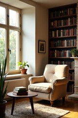 Fototapeta premium Sunlight streams through a window illuminating a cozy armchair and bookshelves filled with literature in a tranquil room