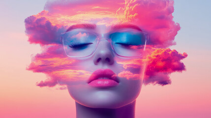 Fototapeta premium Dreamy Visage: Portrait with Sunset Cloud Overlay