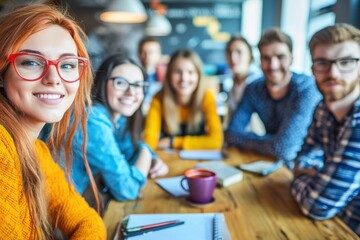 A vibrant group of young people gather around a wooden table, smiling and collaborating, creating a dynamic team environment filled with energy and creativity, fostering innovation.