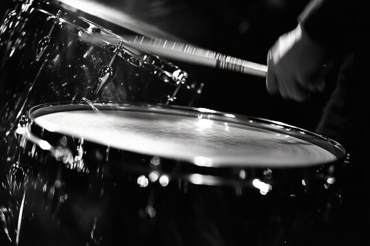 A person plays the drums in a close-up shot, ideal for music-related uses