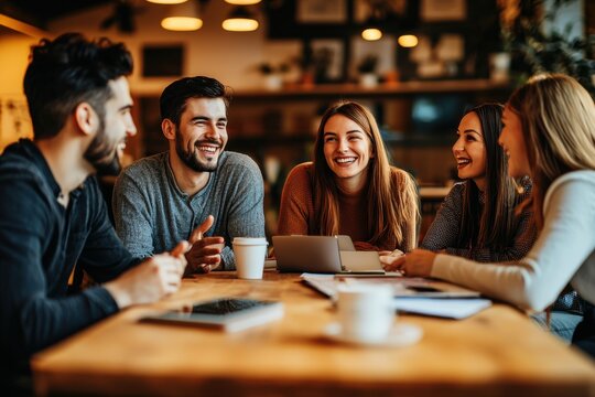 A group of diverse young professionals collaborate with enthusiasm over coffee at a wooden table, sharing ideas and enjoying a productive meeting in a relaxed environment.
