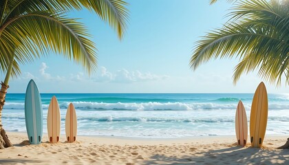 Surfboards Standing on Sandy Beach with Palm Trees and Ocean Waves