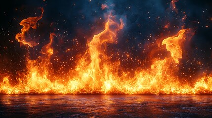 Bright and intense fire flames creating a warm glow against a dark black backdrop