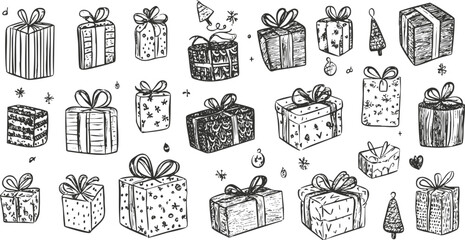 Hand-drawn illustration of various wrapped gifts and festive elements.