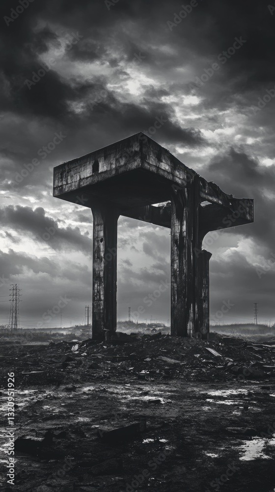 Poster A grayscale image of a concrete structure with clean lines and simple design