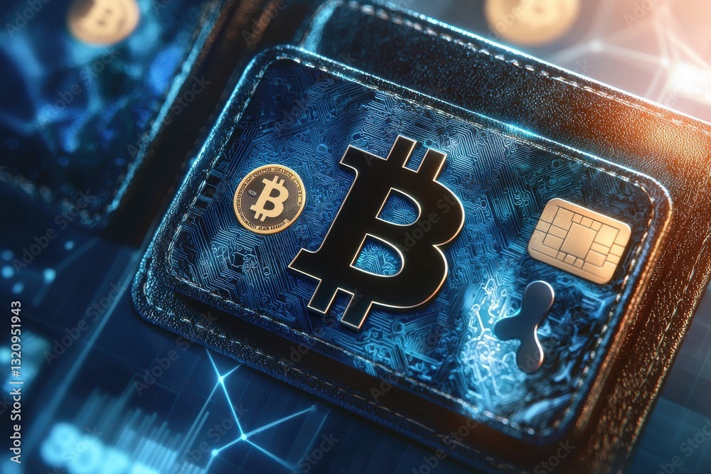 Poster a close-up of a digital wallet displaying the bitcoin symbol with an embedded chip and circuit board