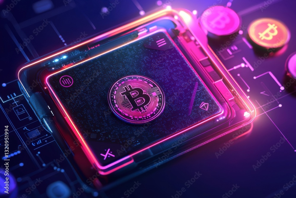 Poster futuristic bitcoin display showing blockchain data on a digital device with neon lights, highlightin