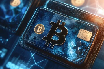 A close-up of a digital wallet displaying the Bitcoin symbol with an embedded chip and circuit board pattern, representing cryptocurrency and blockchain technology.