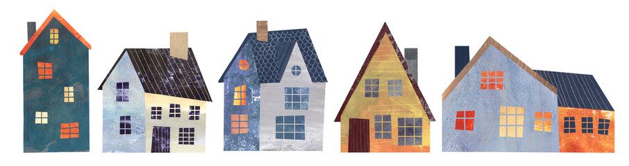 set of paper-cut collage illustrations of charming 
houses. Textured paper. Handmade.