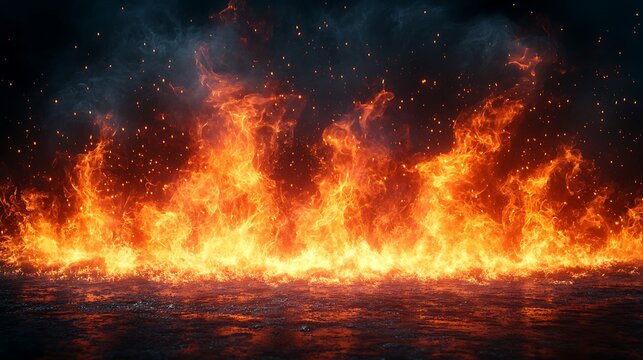 Bright and intense fire flames creating a warm glow against a dark black backdrop