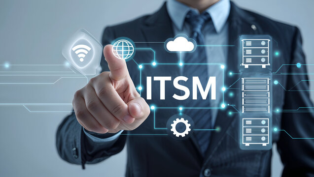  Man using virtual touchscreen clicks abbreviation ITSM. Information Technology Service Management ( ITSM ) Framework Concept. Asset, knowledge, service, incident, request