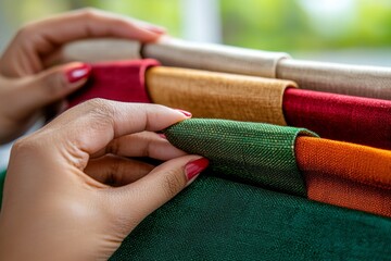 A close-up of hands selecting colorful fabric swatches for design