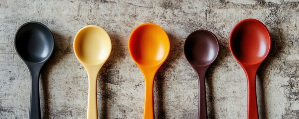 Five colorful spoons arranged in a row on a textured stone surface