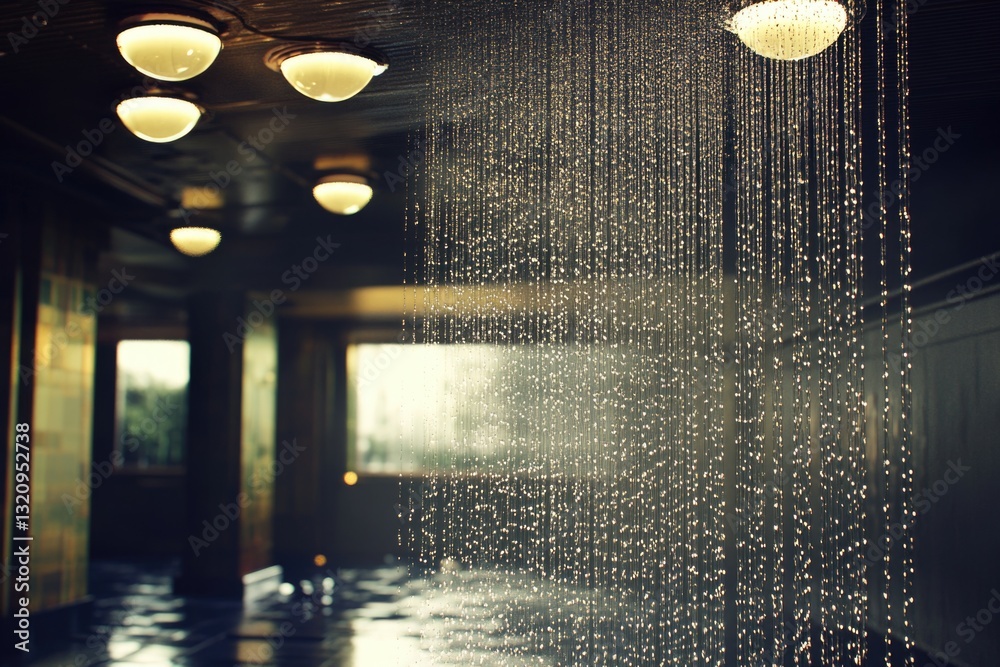 Poster a modern space filled with multiple light fixtures suspended from the ceiling