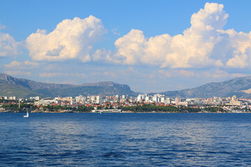 Naklejka premium Contemporary buildings, gardens and beaches at the waterfront in Split, Croatia. View of Split from the boat.