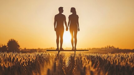 Silhouette Couple at Sunset in a Wheat Field