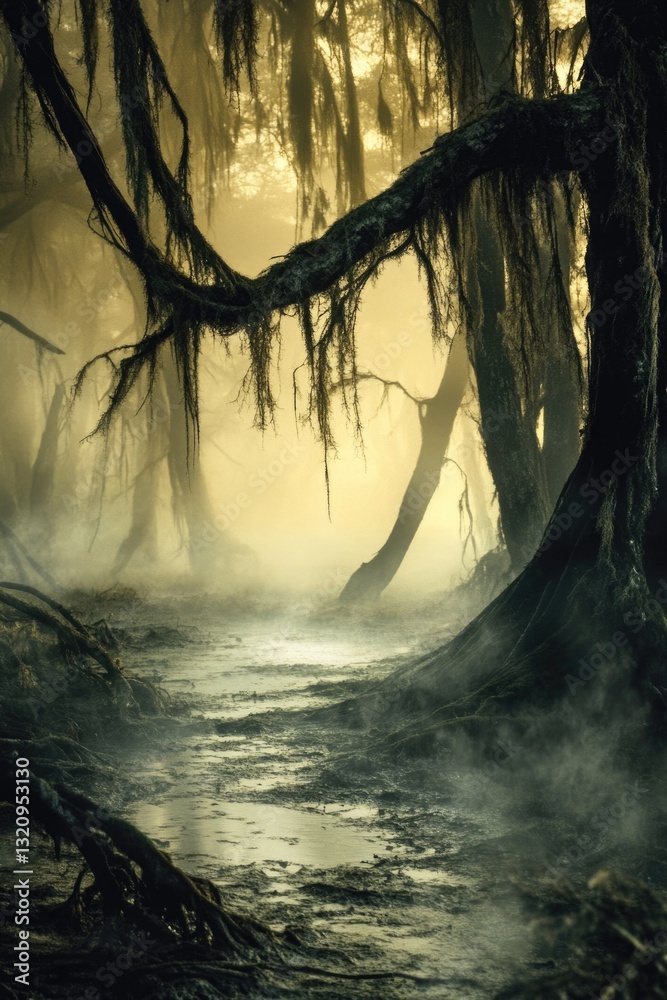 Poster dense fog fills a forest with tall trees