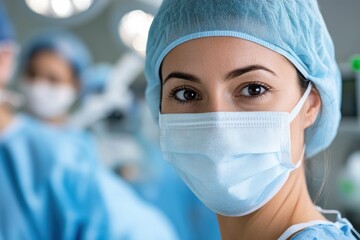 This image portrays a healthcare professional wearing scrubs and a surgical cap, focused and ready to perform in a brightly lit operating room, exemplifying medical excellence.