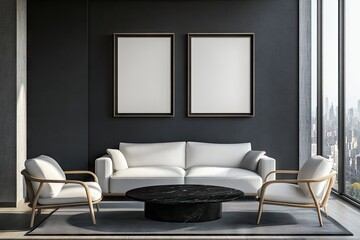 Modern minimalist living room with black walls, white sofa, and framed artwork.  Spacious and sleek design with city views