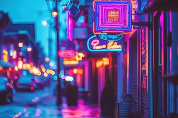 Obraz premium Nighttime city street with vibrant neon lights illuminating the buildings, creating a dazzling and electric urban atmosphere on a quiet, colorful alley.