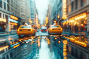 Fotobehang A rainy day in a bustling city, featuring yellow cabs and reflections of city lights, creating an impressionistic, vibrant scene with a sense of movement and energy. © whitestorm