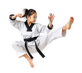 Young Asian girl in Taekwondo uniform executing a flying kick