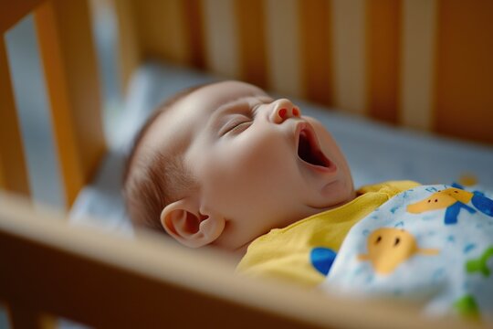 Newborn yawning softly as they rest in a tranquil nursery space
