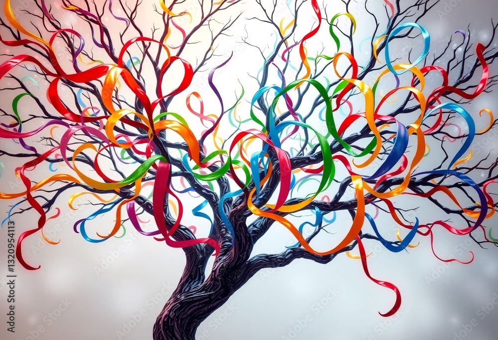 Aufkleber Abstract Tree Art. Swirling Branches, Colorful Ribbons Create Movement. Soft Background Illuminates The Scene. Whimsical Nature Illustration For Creative Projects.