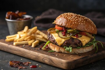 Classic Cheeseburger with Crispy Bacon and Fresh Toppings
