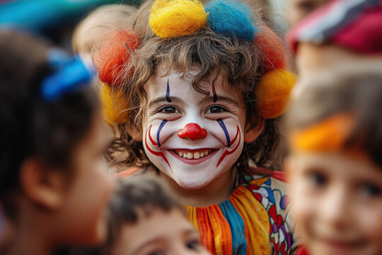 Happy boy in clown costume smiles at camera among other children at amusement park. Generated by artificial intelligence