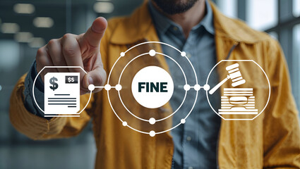 Man working on virtual touch screen presses word: FINE. Fines, financial mulct or punishment concept. Payment of fine with legal document. Penalty for crime