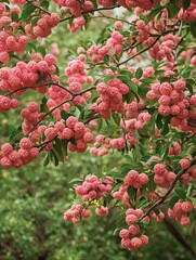 Obraz premium Crimson Clusters, A Vibrant Display of Pompon Flowers Amidst Verdant Foliage