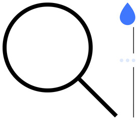 Magnifying glass near a blue water drop with dotted line division. Ideal for research, inspection, purity, clarity, detail analysis, environment, precision. Flat simple metaphor