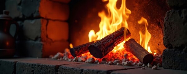 Cozy fireplace with crackling fire, glowing embers , night, orange