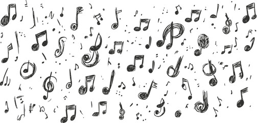 Hand-drawn musical notes and symbols scattered on a white background.