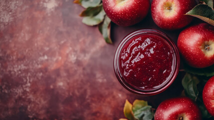 Apple jam in a jar surrounded by fresh apples and leaves.