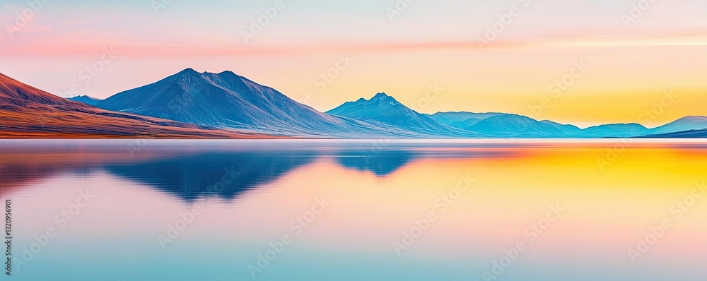 Aufkleber waterscape abstract background idea. stunning sunset over serene mountains reflected in tranquil wat