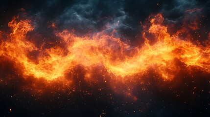 Intense glowing fire flames curling upwards against a dark black background