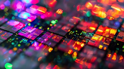 Obraz premium Illuminated Computer Chip Board with Colorful Lighting and Bokeh Effect