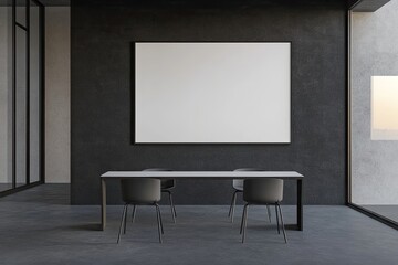 Modern, minimalist dining area with large blank canvas