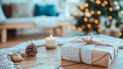 Holiday concept: Rustic wrapped gift box with ornaments and candle on wooden floor for seasonal greetings card or poster.