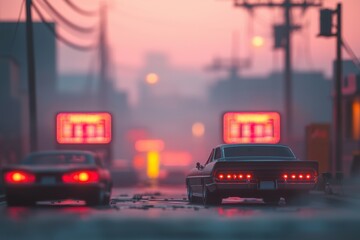 Retro cityscape scene with classic cars cruising under neon signs at twilight, evoking a sense of nostalgia, with an urban vintage aesthetic in soft light.