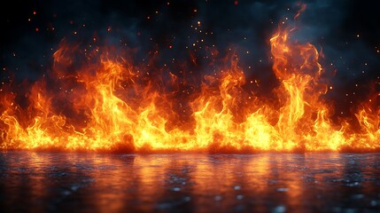 Bright fiery flames glowing with heat and intensity against a black background